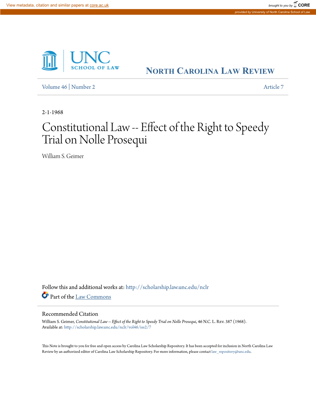 Effect of the Right to Speedy Trial on Nolle Prosequi William S