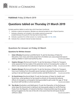 Questions Tabled on Thu 21 Mar 2019
