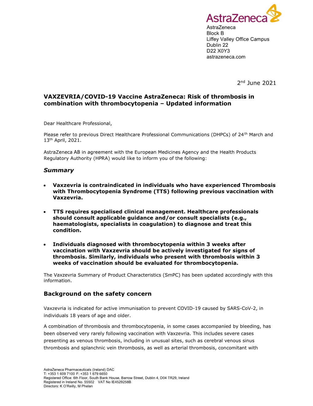 VAXZEVRIA/COVID-19 Vaccine Astrazeneca: Risk of Thrombosis in Combination with Thrombocytopenia – Updated Information