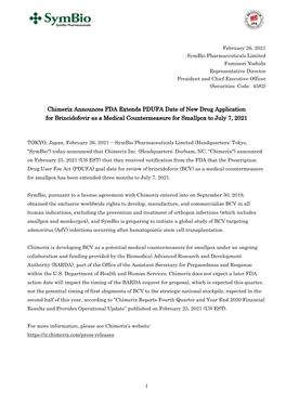 Chimerix Announces FDA Extends PDUFA Date of New Drug Application for Brincidofovir As a Medical Countermeasure for Smallpox to July 7, 2021