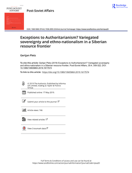 Exceptions to Authoritarianism? Variegated Sovereignty and Ethno-Nationalism in a Siberian Resource Frontier