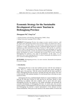 Economic Strategy for the Sustainable Development of Ice-Snow Tourism in Heilongjiang Province