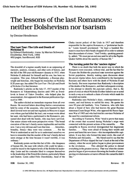 The Lessons of the Last Romanovs: Neither Bolshevism Nor Tsarism