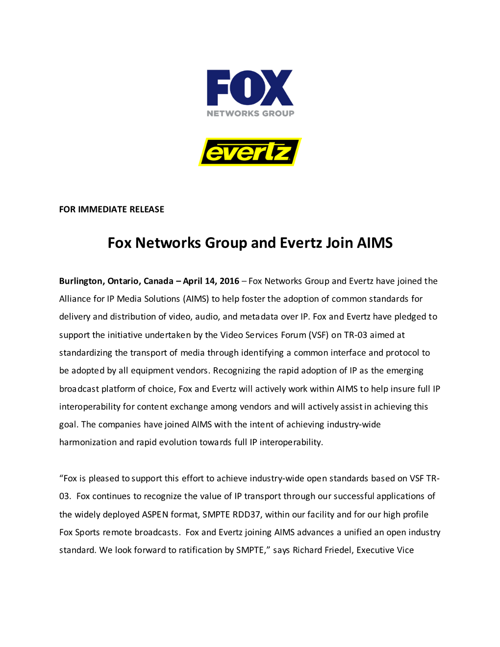 Fox Networks Group and Evertz Join AIMS