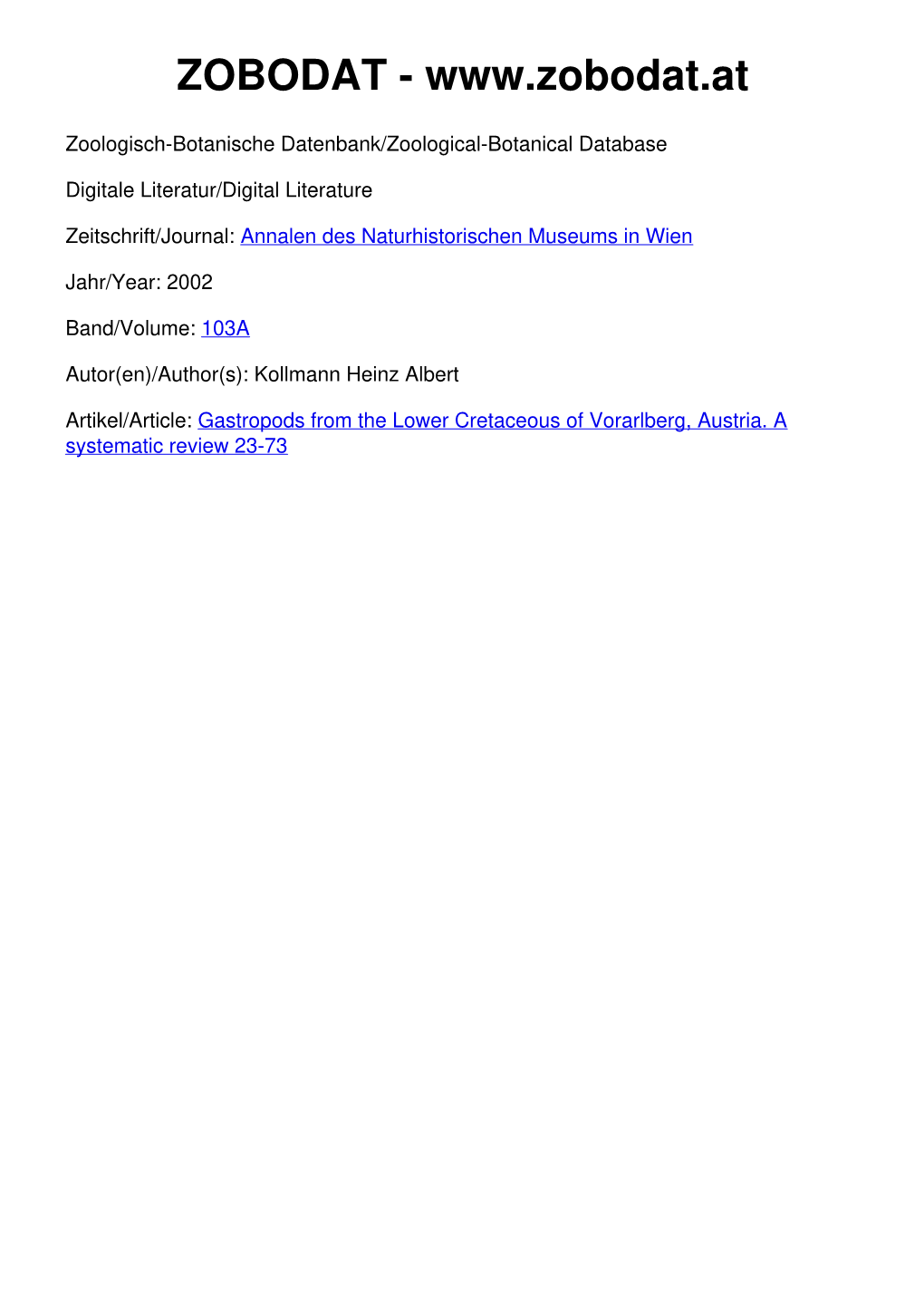 Gastropods from the Lower Cretaceous of Vorarlberg, Austria. a Systematic Review 23-73 ©Naturhistorisches Museum Wien, Download Unter