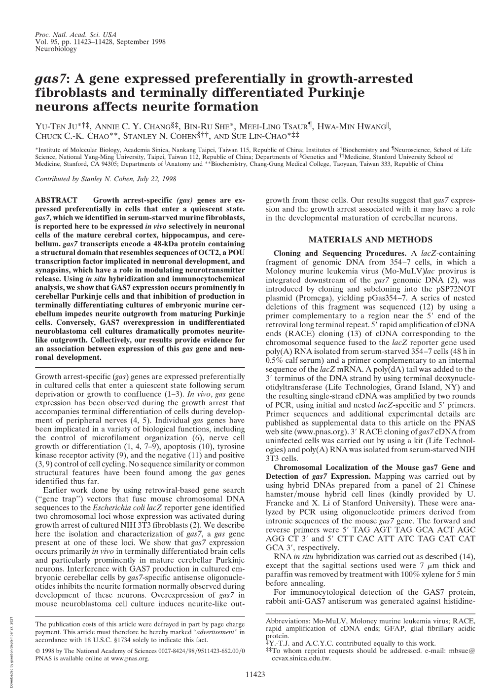 Gas7: a Gene Expressed Preferentially in Growth-Arrested Fibroblasts and Terminally Differentiated Purkinje Neurons Affects Neurite Formation