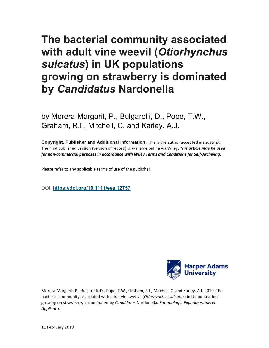 The Bacterial Community Associated with Adult Vine Weevil (Otiorhynchus