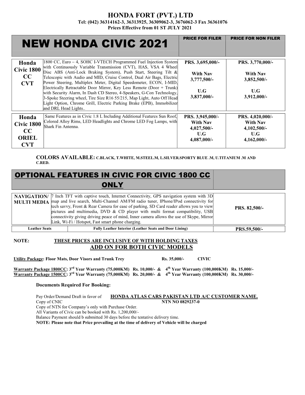 New Honda Civic 2021 Price for Filer