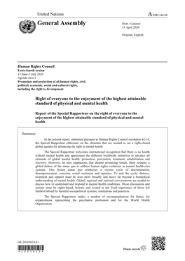 Report of the Special Rapporteur on the Right of Everyone to the Enjoyment of the Highest Attainable Standard of Physical and Mental Health