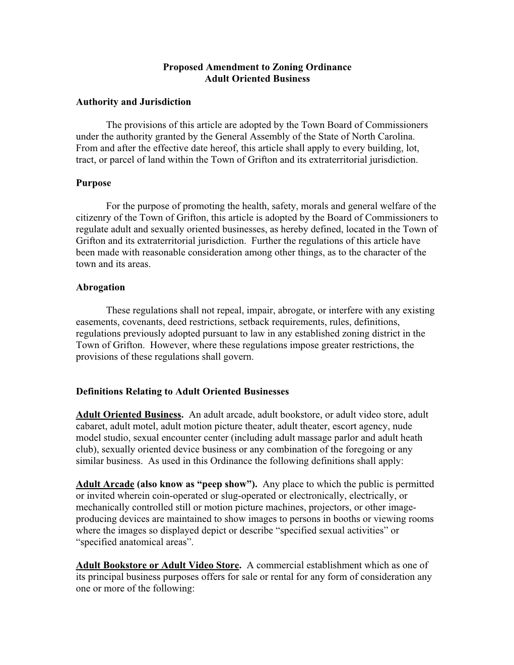 Proposed Amendment to Zoning Ordinance for Adult Oriented