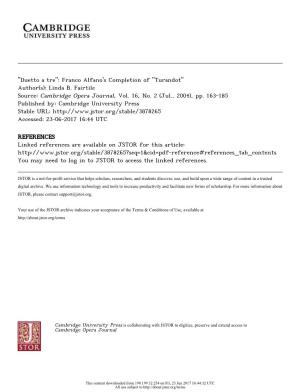 "Duetto a Tre": Franco Alfano's Completion of "Turandot" Author(S): Linda B