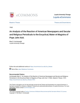 An Analysis of the Reaction of American Newspapers and Secular and Religious Periodicals to the Encyclical, Mater Et Magistra of Pope John Xxiii