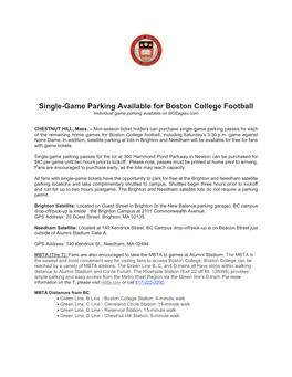 Single-Game Parking Available for Boston College Football Individual Game Parking Available on Bceagles.Com