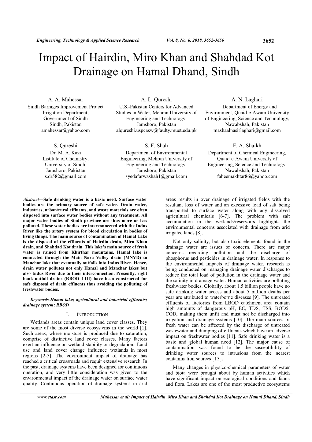 Impact of Hairdin, Miro Khan and Shahdad Kot Drainage on Hamal Dhand, Sindh