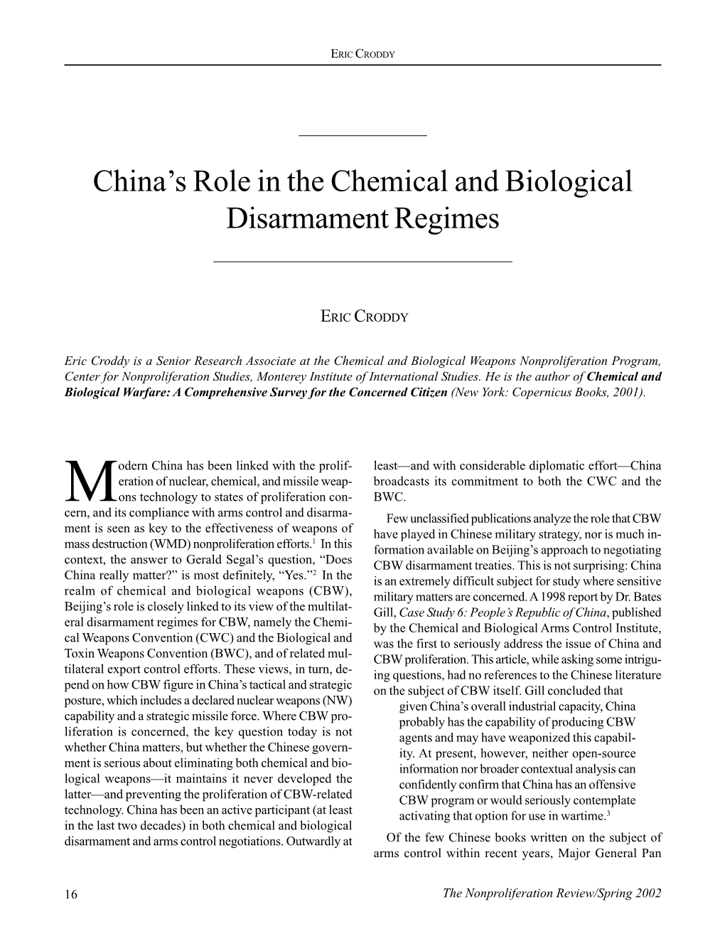 China's Role in the Chemical and Biological Disarmament Regimes