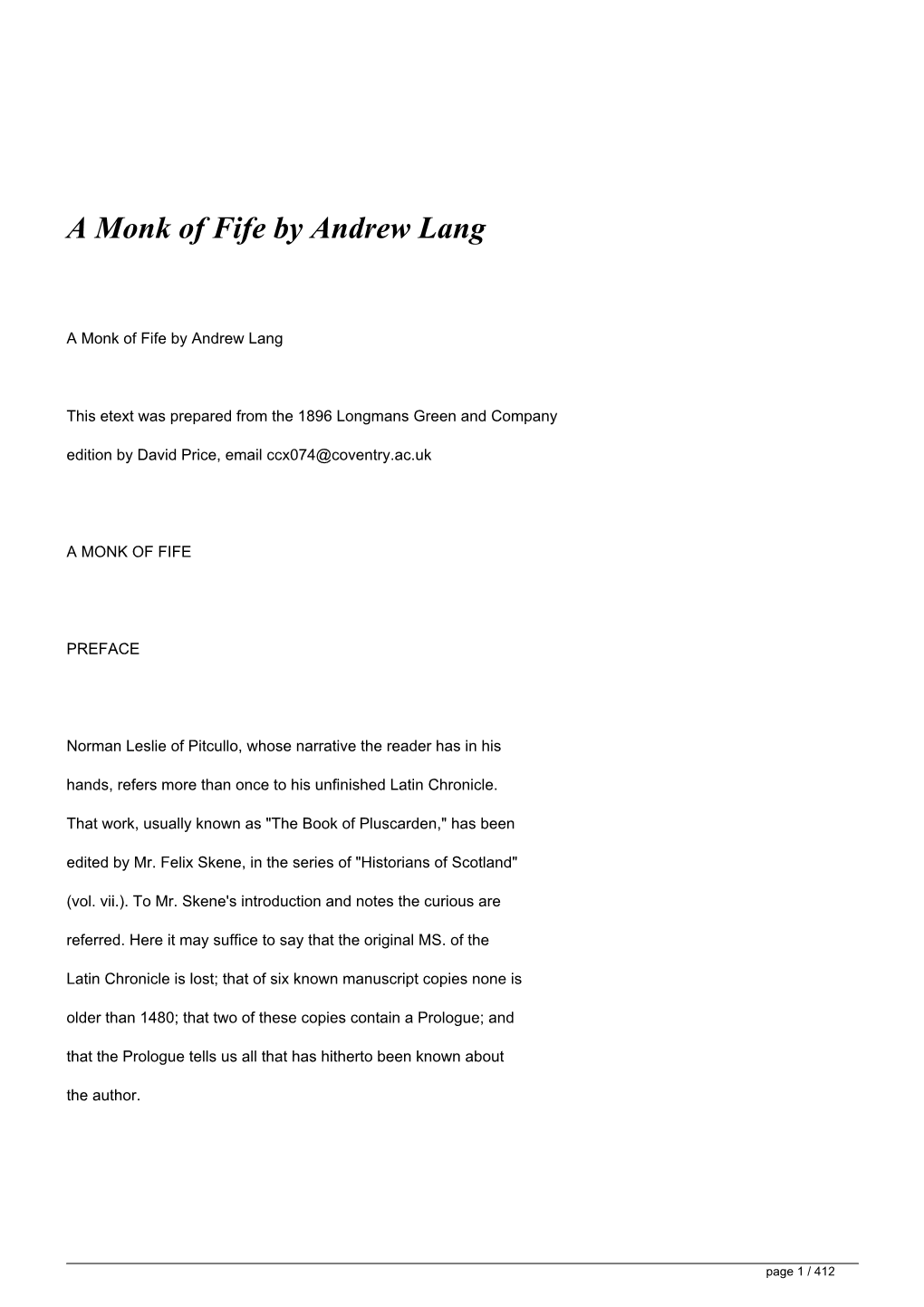 A Monk of Fife by Andrew Lang&lt;/H1&gt;