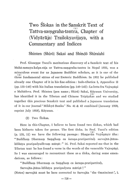 Two Slokas in the Sanskrit Text of (1) Tattva-Samgraha-Tantra, Chapter of (Vidyrja) Trailokyavijaya, with a Commentary and Indices