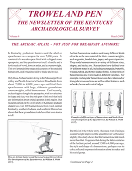 Trowel and Pen the Newsletter of the Kentucky Archaeological Survey