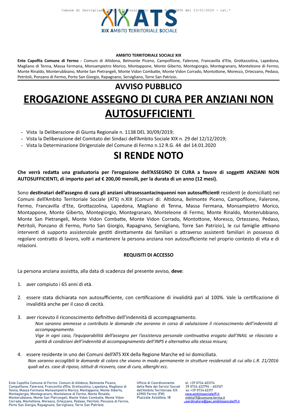 Erogazione Assegno Di Cura Per Anziani Non Autosufficienti