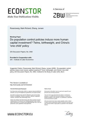 Do Population Control Policies Induce More Human Capital Investment? Twins, Birthweight, and China's 'One Child' Policy