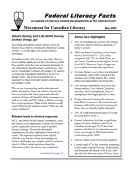 Federal Literacy Facts an Update on Literacy-Related Developments at the National Level