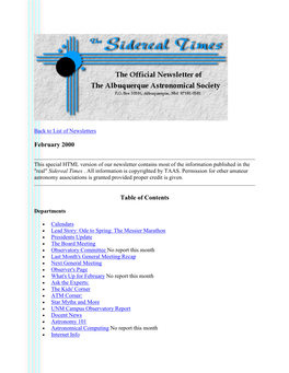 February 2000 the Albuquerque Astronomical Society News Letter