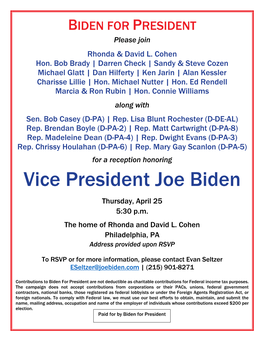 Vice President Joe Biden Thursday, April 25 5:30 P.M