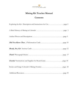 Mining Kit Teacher Manual Contents
