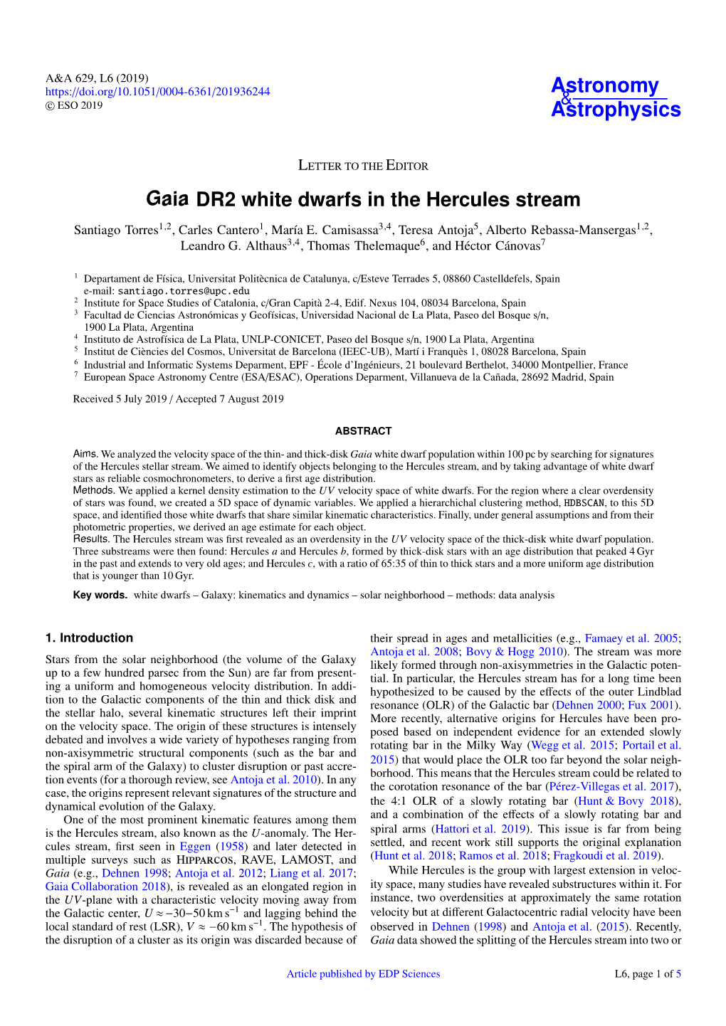 Gaia DR2 White Dwarfs in the Hercules Stream Santiago Torres1,2, Carles Cantero1, María E