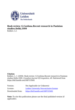REVIEWS/COMPTES RENDUS George Cardona. Recent Research