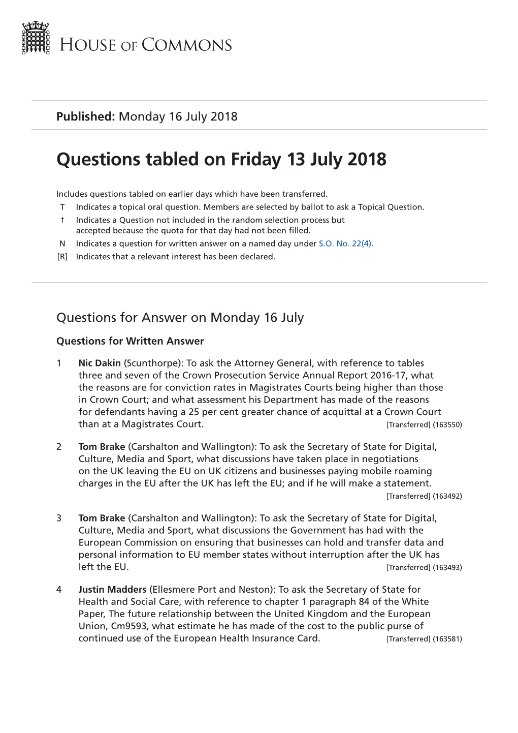 Questions Tabled on Fri 13 Jul 2018