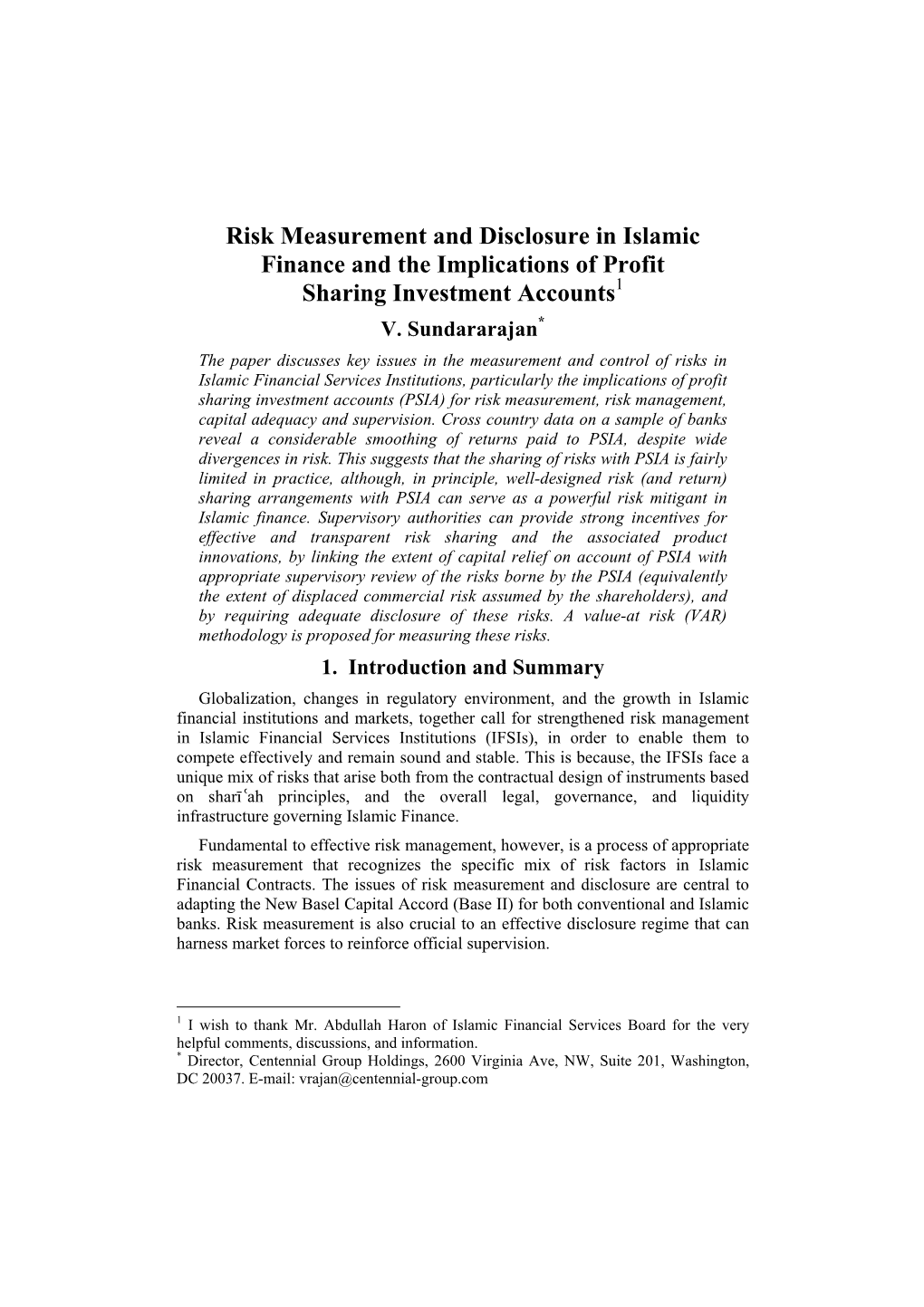 Risk Measurement and Disclosure in Islamic Finance and the Implications of Profit Sharing Investment Accounts1 V