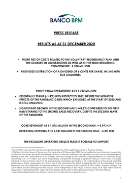 Press Release Results As at 31 December 2020