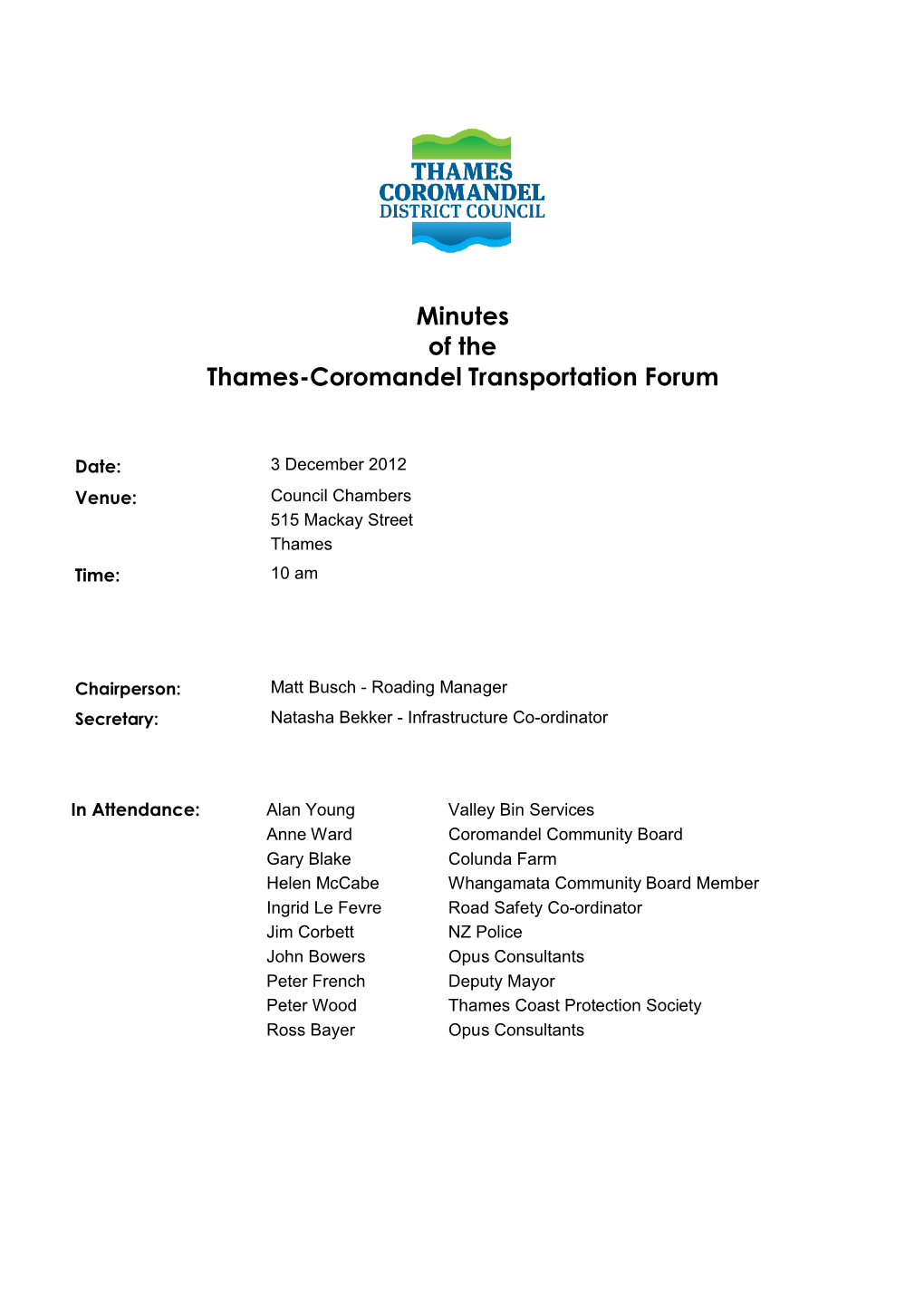 Thames-Coromandel Transportation Forum Minutes 3 December 2012