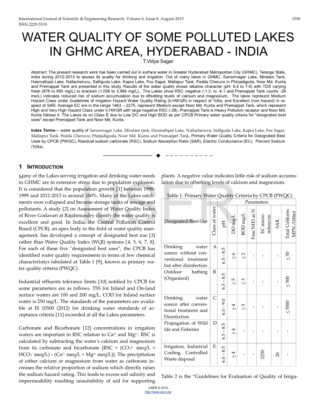 WATER QUALITY of SOME POLLUTED LAKES in GHMC AREA, HYDERABAD - INDIA T.Vidya Sagar