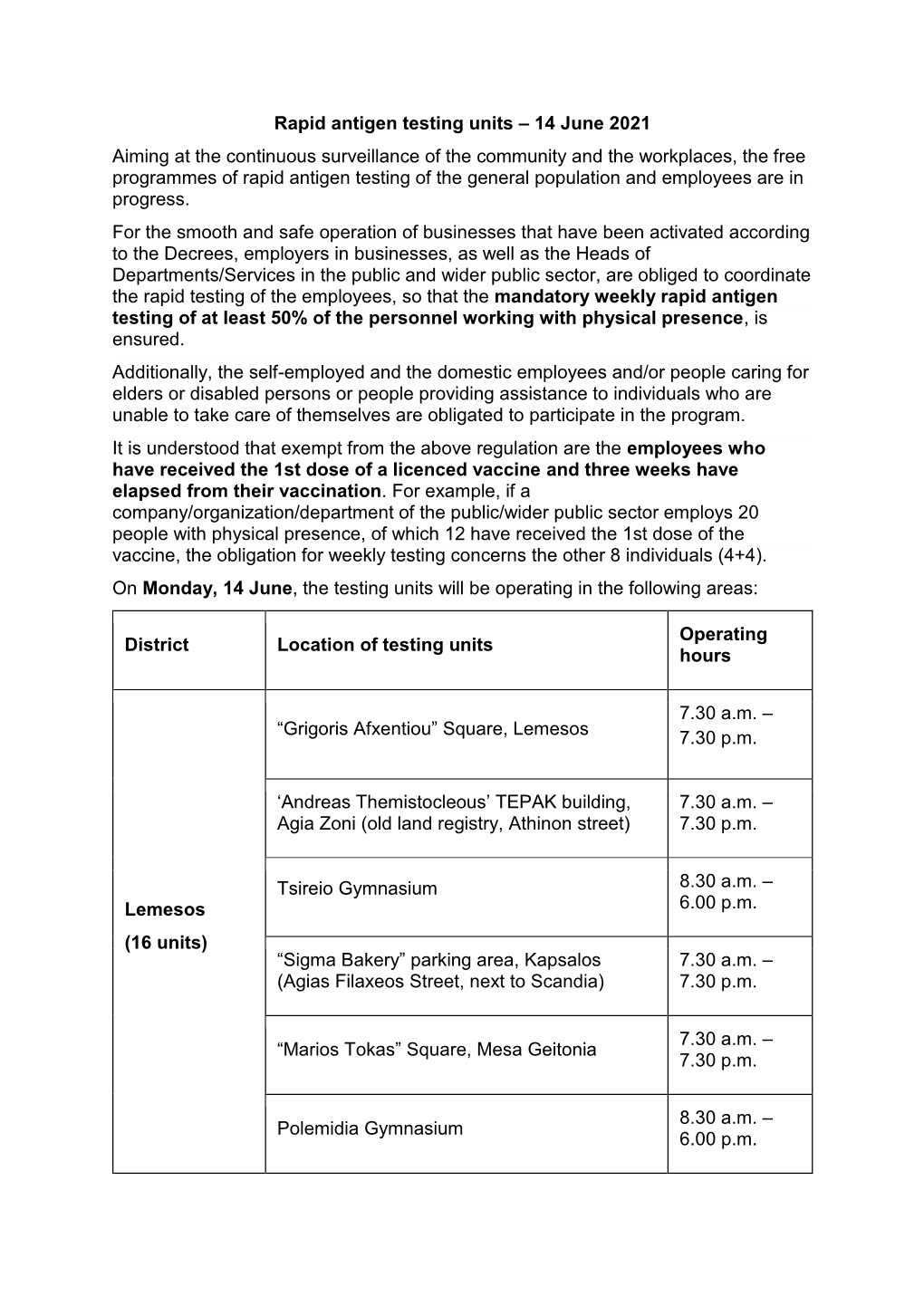 Rapid Antigen Testing Units – 14 June 2021