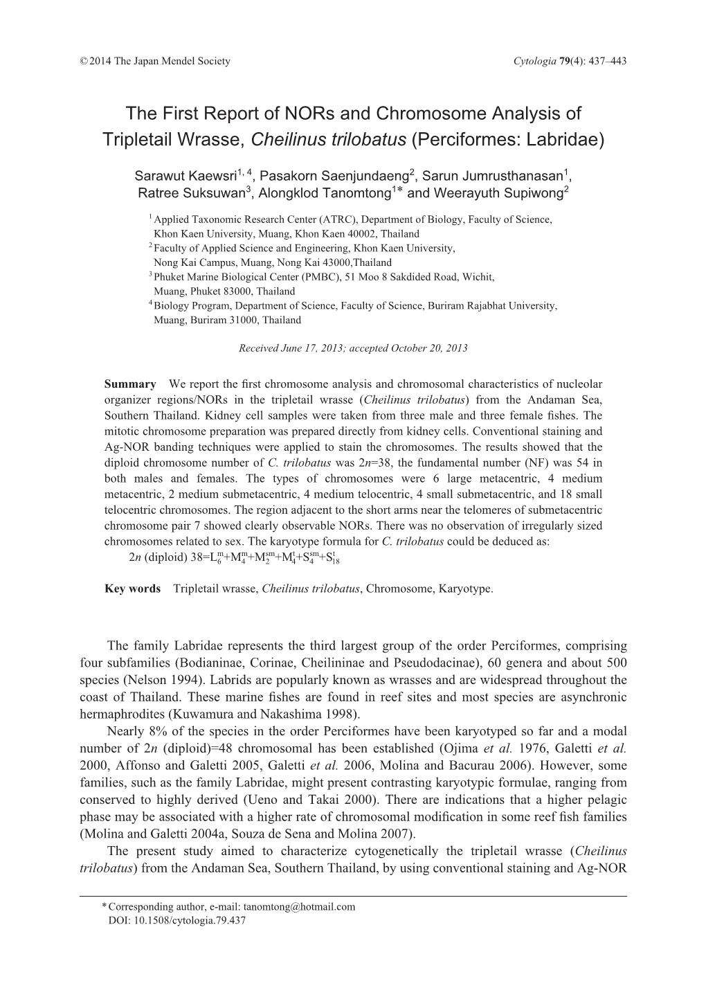 The First Report of Nors and Chromosome Analysis of Tripletail Wrasse, Cheilinus Trilobatus (Perciformes: Labridae)