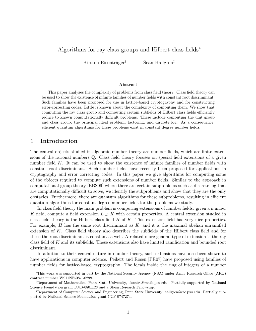 Algorithms for Ray Class Groups and Hilbert Class Fields 1 Introduction