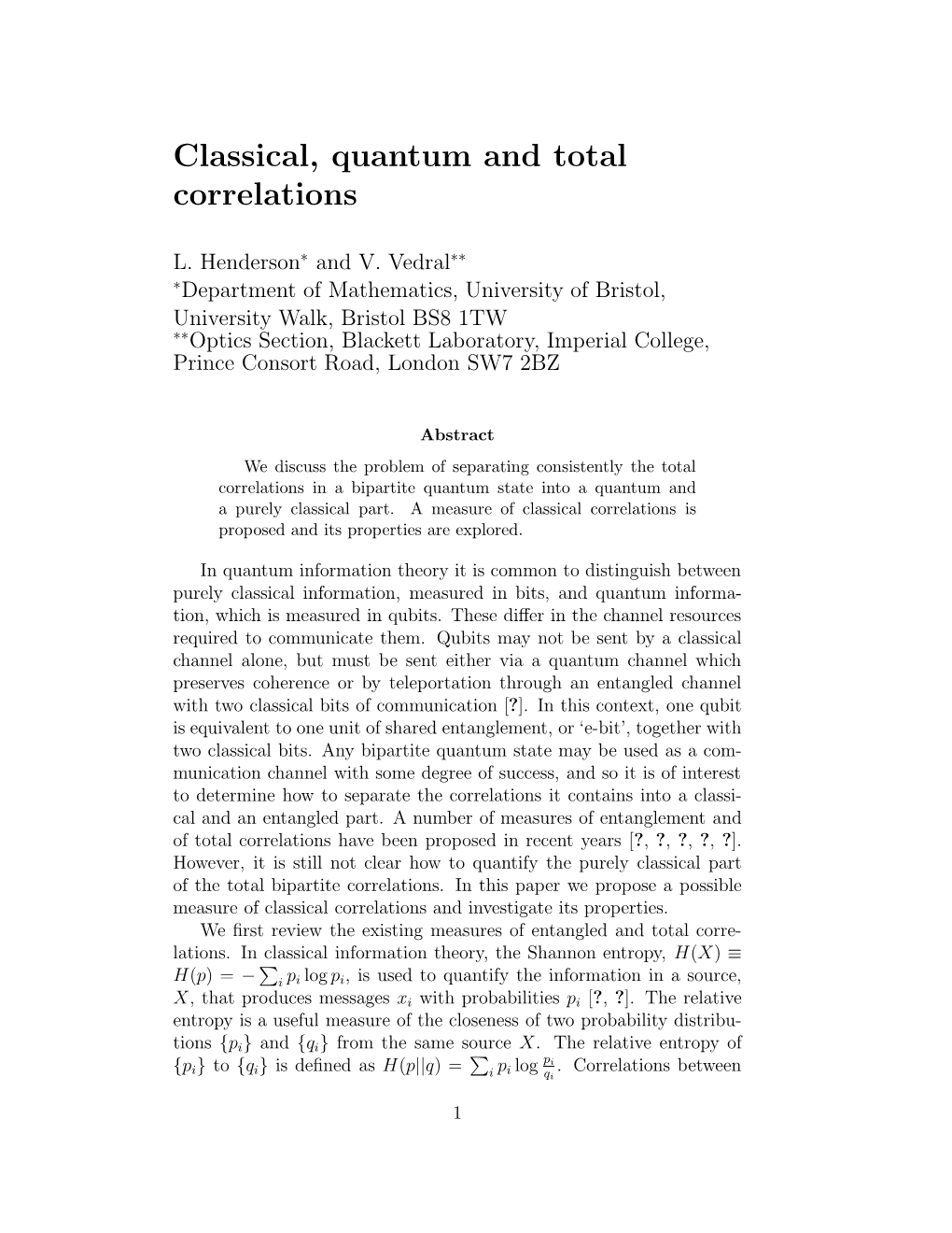 Classical, Quantum and Total Correlations