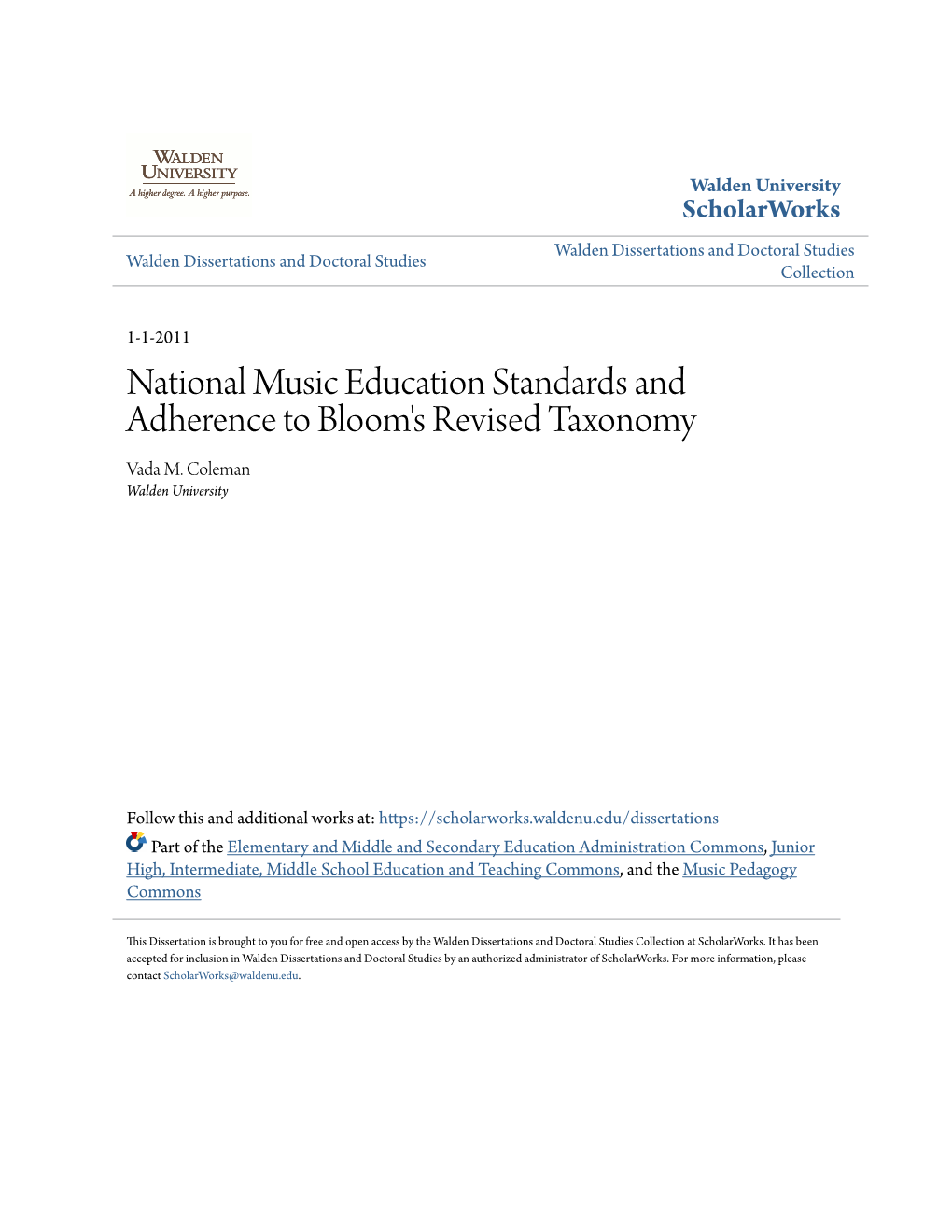 National Music Education Standards and Adherence to Bloom's Revised Taxonomy Vada M