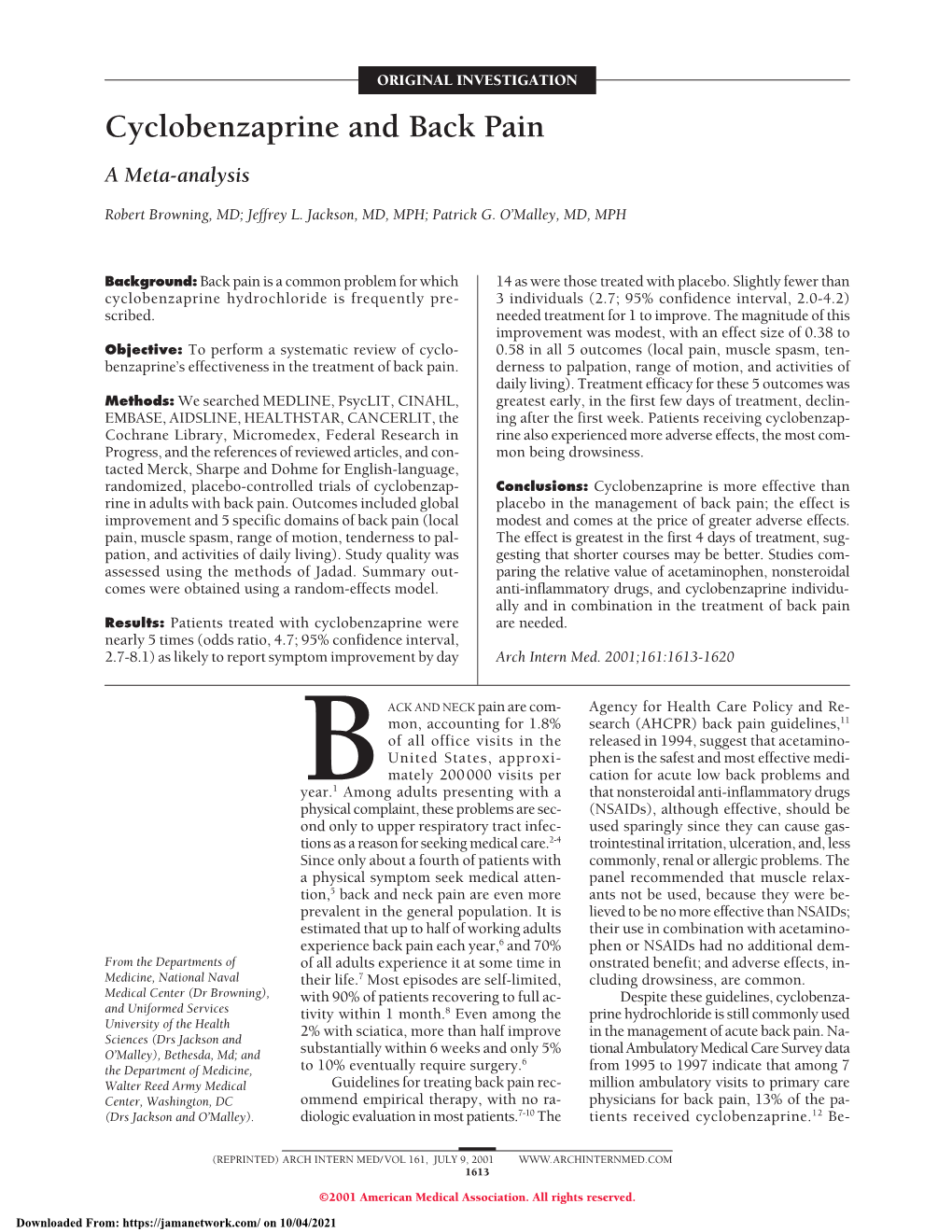 Cyclobenzaprine and Back Pain: a Meta-Analysis