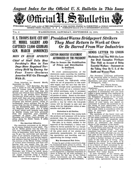 August Index for the Official U. S. Bulletin in This Issue U. S. TROOPS HAVE CUT OFF ST. MIHIEL SALIENT and .CAPTURED 13,000