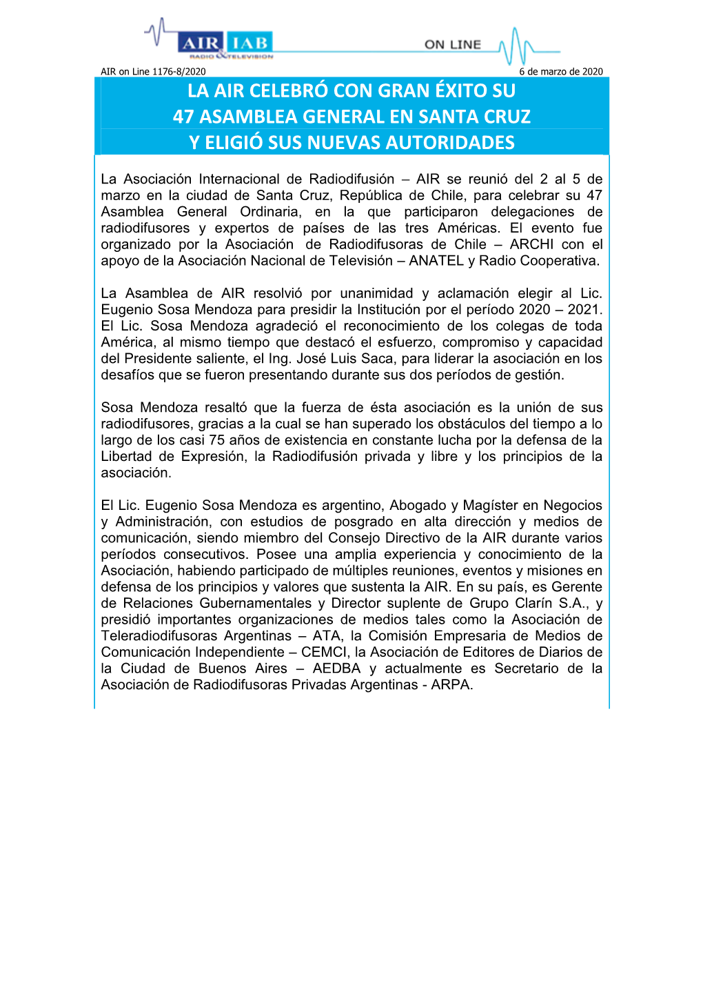 La Air Celebró Con Gran Éxito Su 47 Asamblea General En Santa Cruz Y Eligió Sus Nuevas Autoridades