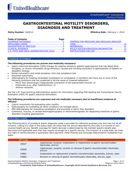GASTROINTESTINAL MOTILITY DISORDERS, DIAGNOSIS and TREATMENT Policy Number: GAS014 Effective Date: February 1, 2019