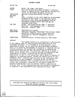 Rare and Valuable Government Documents: a Resource Packet on Identification, Preservation, and Security Issues for Government Documents Collections