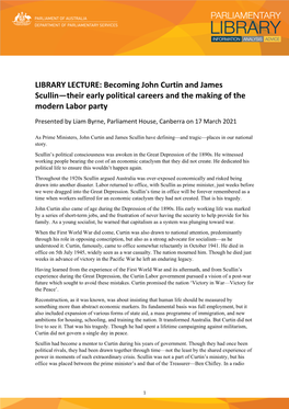 LIBRARY LECTURE: Becoming John Curtin and James Scullin—Their Early Political Careers and the Making of the Modern Labor Party