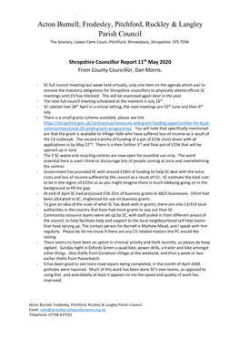 Shropshire Councillor Report 11Th May 2020 from County Councillor, Dan Morris