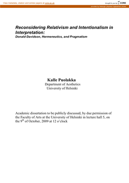 Reconsidering Relativism and Intentionalism in Interpretation: Donald Davidson, Hermeneutics, and Pragmatism