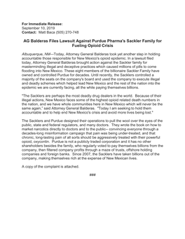AG Balderas Files Lawsuit Against Purdue Pharma's Sackler Family for Fueling Opioid Crisis