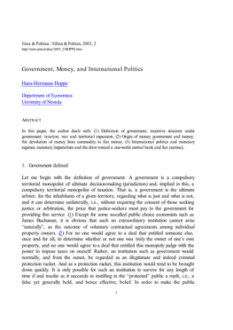 Government, Money, and International Politics